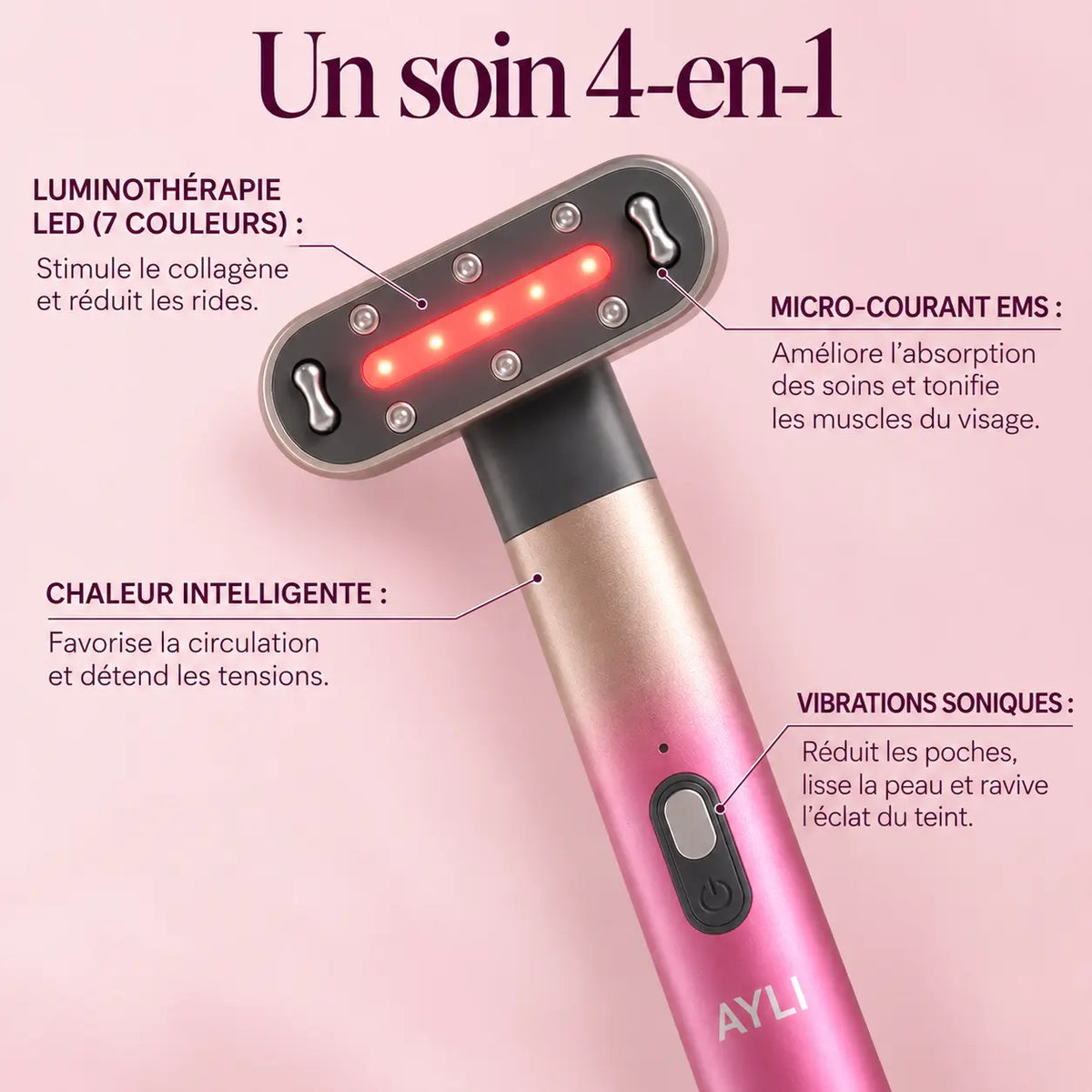Appareil LED visage AYLI LUMINA 4 en 1 : LED, EMS, chaleur et vibrations