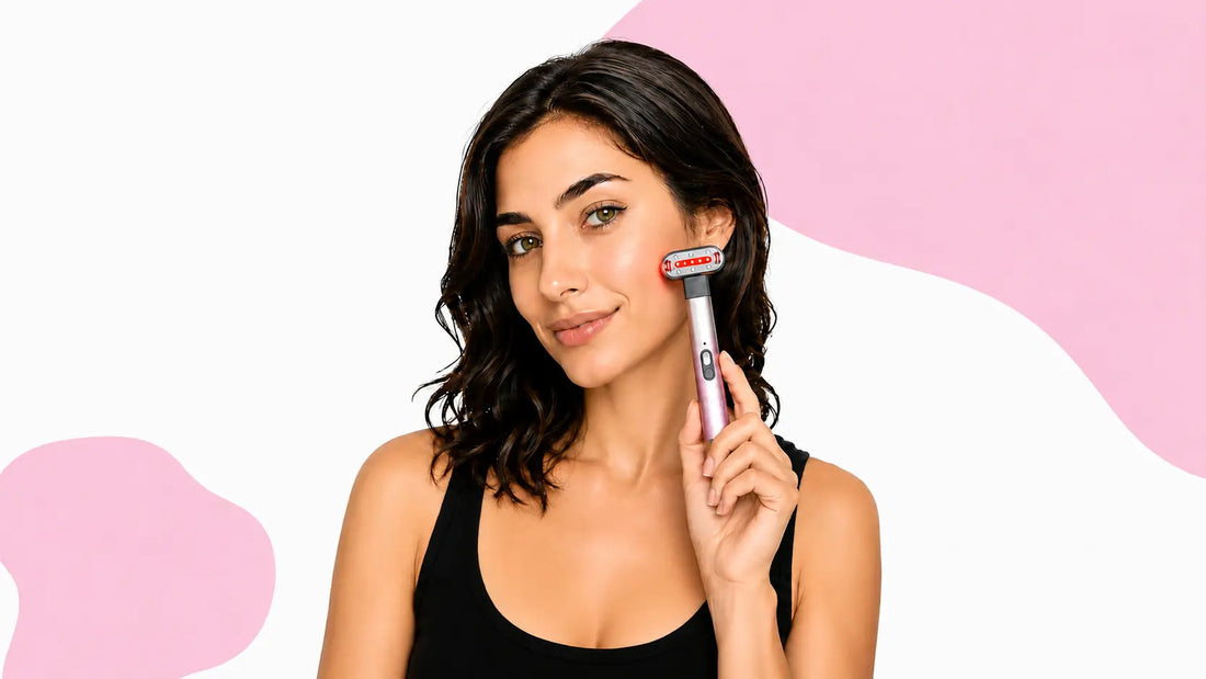 Protection solaire au quotidien : femme tenant l'appareil AYLI LUMINA près de la joue