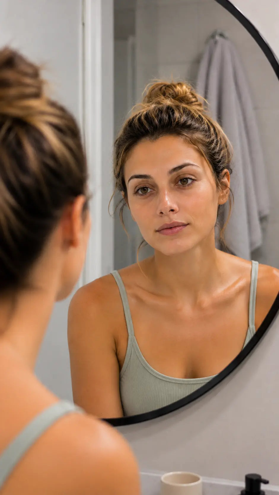 Skin cycling : femme au miroir avant sa routine de soin visage