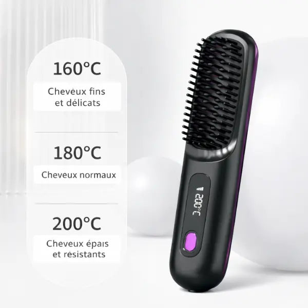 "Infographie de la brosse lissante présentant les 3 réglages de température : 160°C pour cheveux fins, 180°C pour cheveux normaux et 200°C pour cheveux épais."