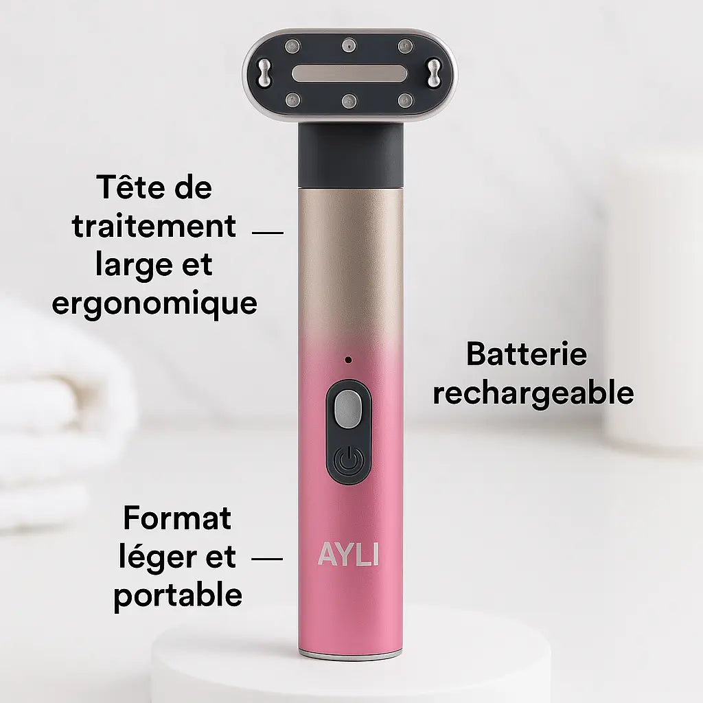 Appareil de soin du visage Beauty Tech AYLI Skin avec tête de traitement large et ergonomique, format léger et portable, doté d’une batterie rechargeable pour une utilisation à domicile ou en déplacement.
