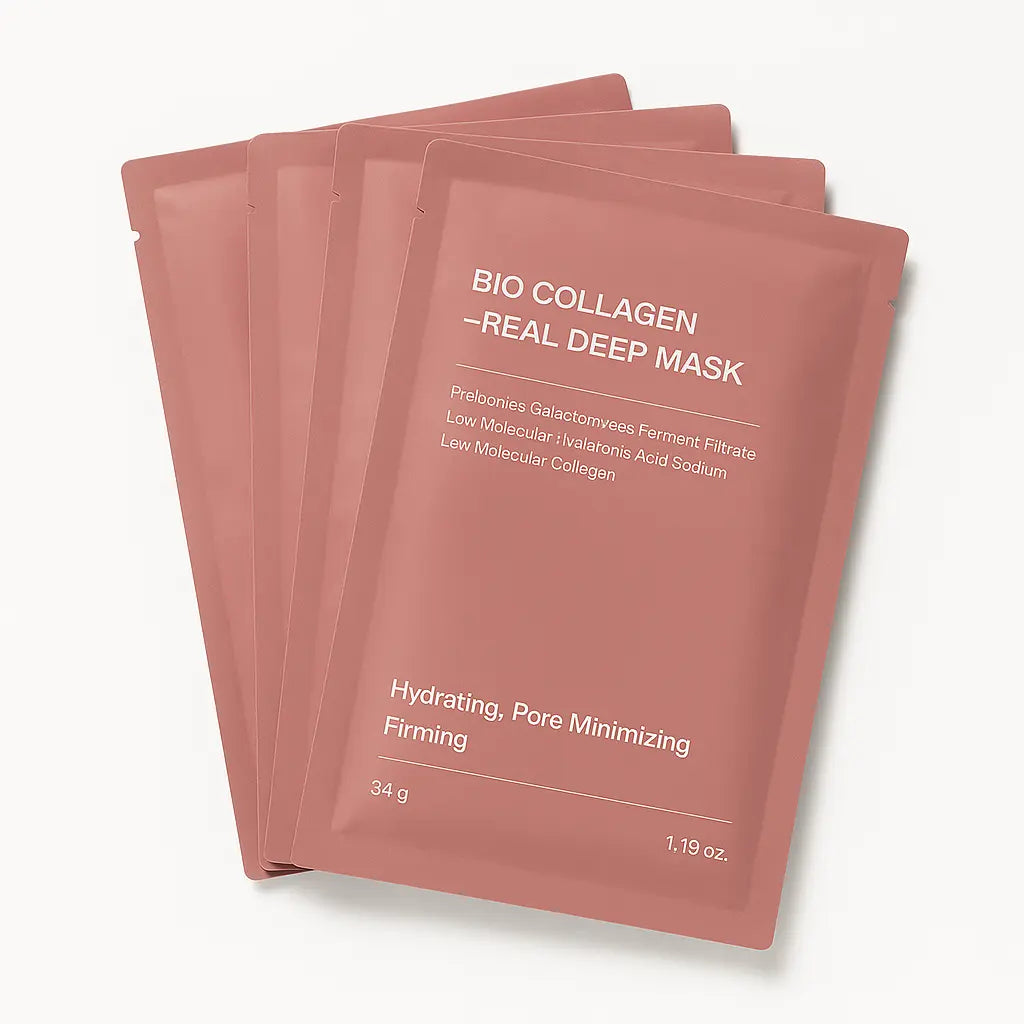 Lot de masques visage en tissu au collagène AYLI® présenté sous forme de plusieurs sachets Collagen Beauty Mask