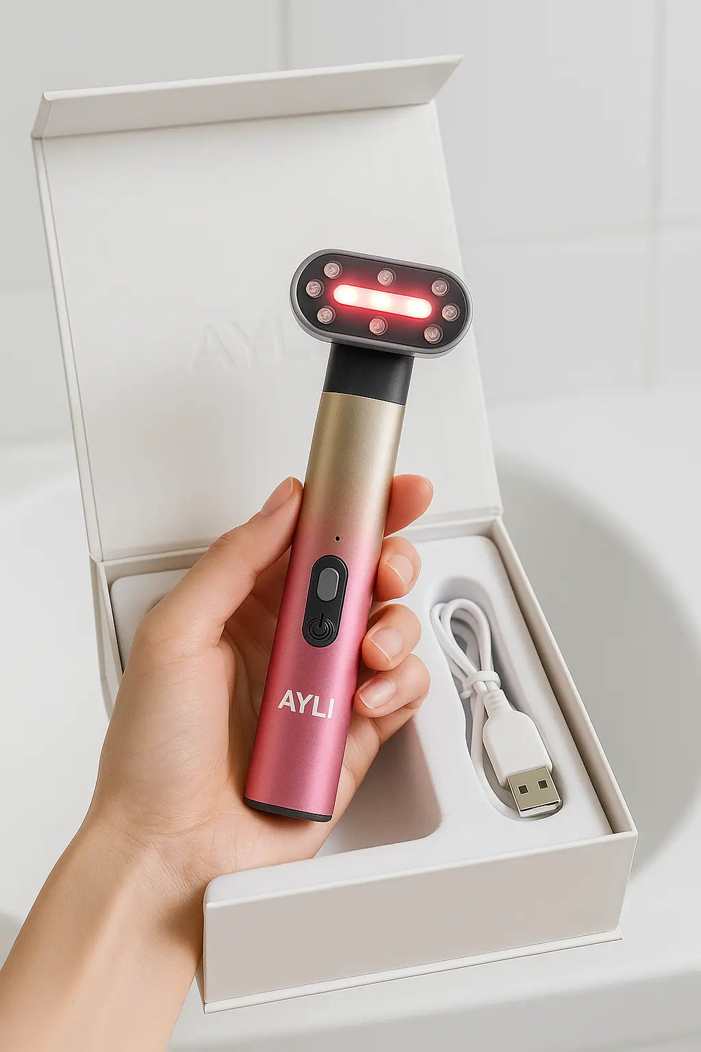 Appareil de soin facial AYLI présenté dans son coffret avec câble de chargement USB-C et accessoires inclus