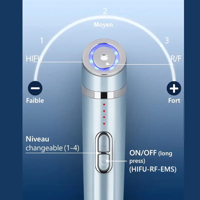 Interface de réglage du HIFU Lift Pro AYLI® montrant les niveaux d’intensité HIFU, RF et EMS, de faible à fort, avec bouton marche arrêt