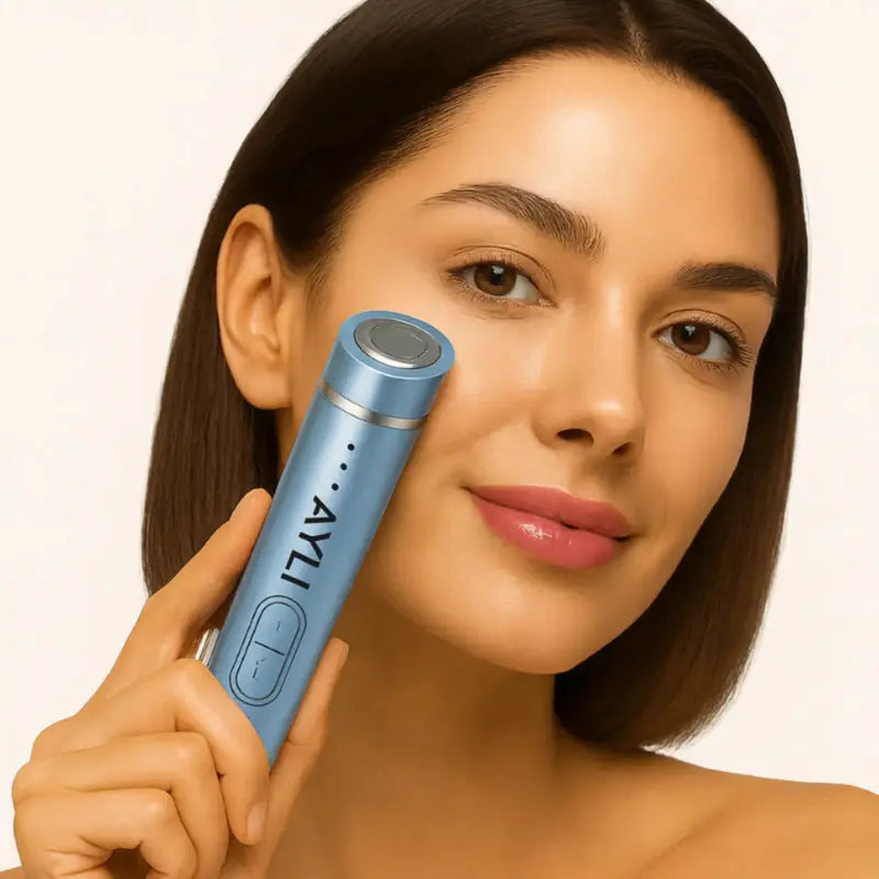 Utilisation de l’appareil de soin visage HIFU Lift Pro AYLI® bleu sur la peau, outil Beauty Tech pour routine beauté à domicile