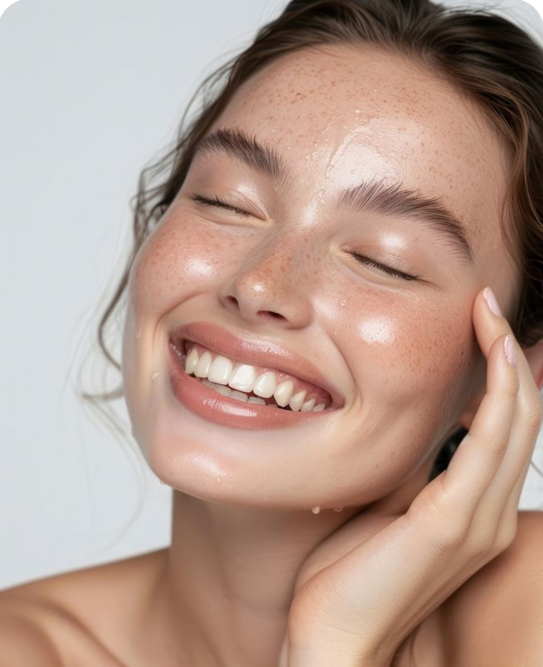 Gros plan d’un visage féminin à la peau lumineuse et hydratée après l’application d’un soin visage