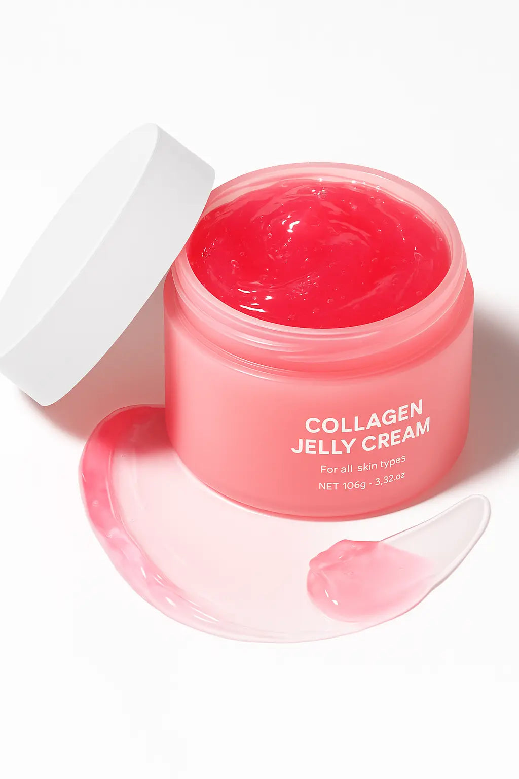 Pot de crème visage Collagen Jelly Cream présenté ouvert, mettant en avant sa texture gel translucide dans un soin cosmétique