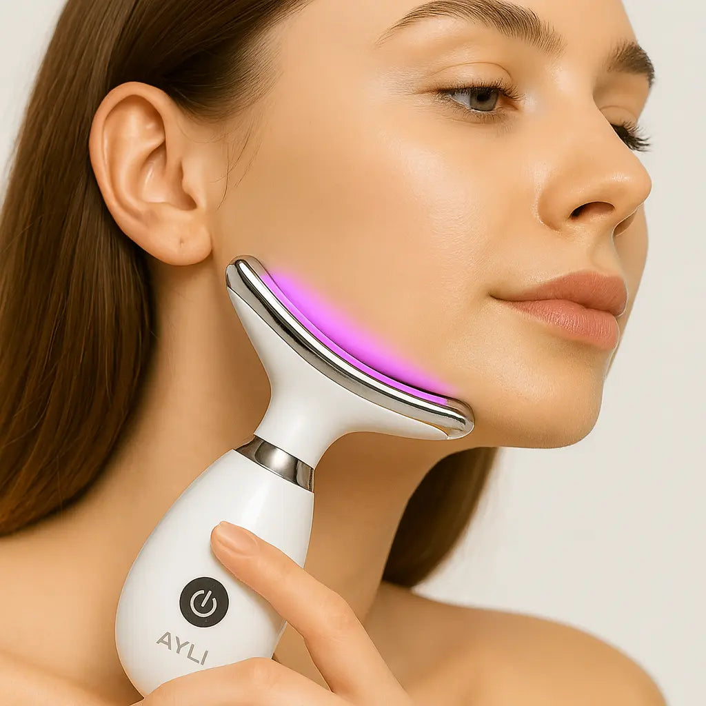 Sculpteur facial AYLI® utilisé sur la mâchoire avec lumière LED rose