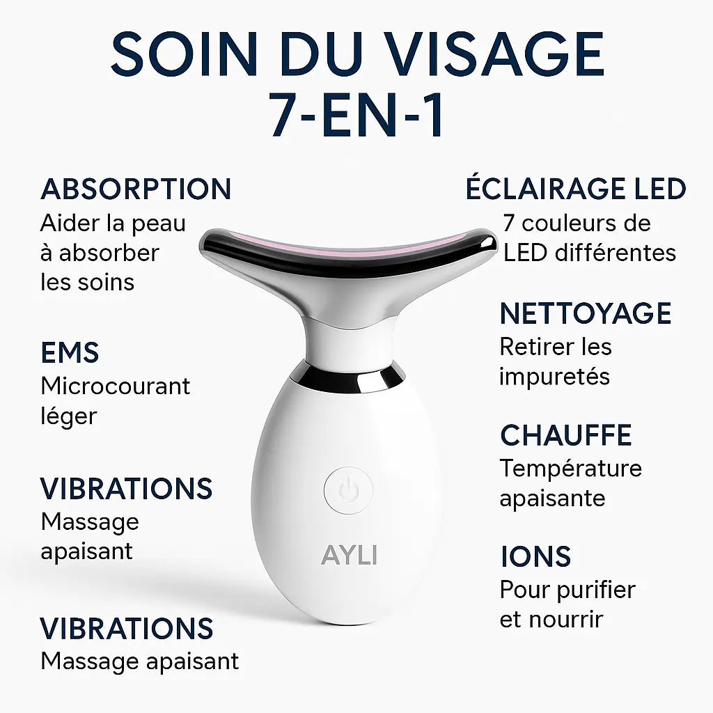 Sculpteur facial AYLI® 7-en-1 combinant EMS, LED, chaleur, vibrations et ions pour le soin du visage
