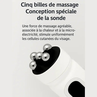 Gros plan de la tête de massage du Contour Lift AYLI composée de cinq billes métalliques, conçue pour un massage du visage dans une routine beauté