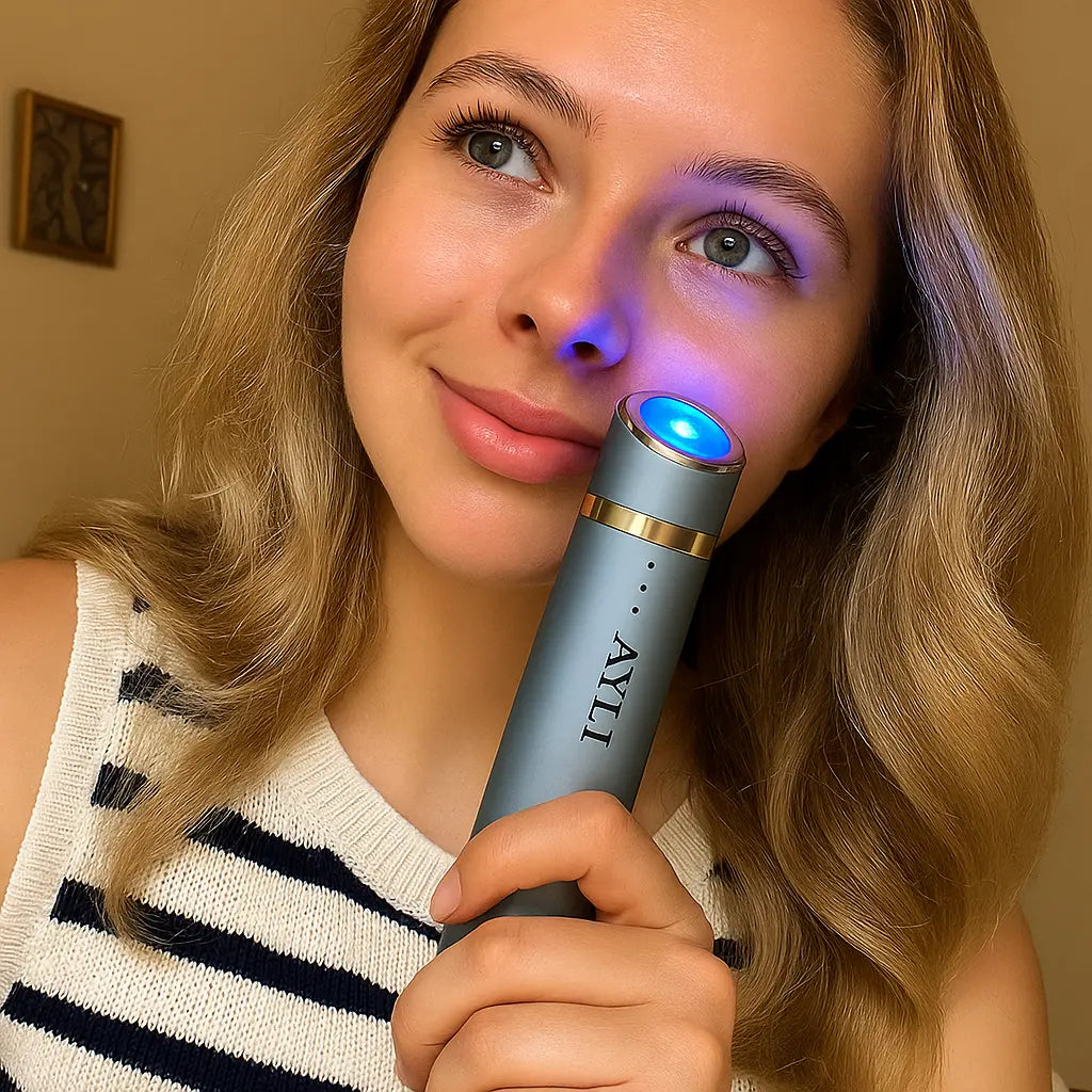 "Une cliente satisfaite utilise l'appareil HIFU Lift Pro d'AYLI SKIN en mode LED bleue sur sa joue pour cibler les imperfections."