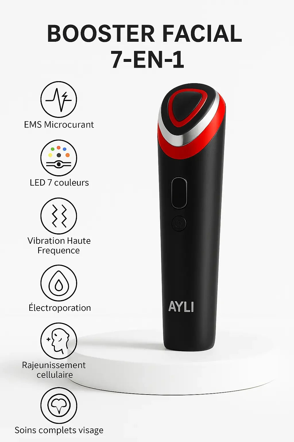 Booster Facial 7 en 1 AYLI – Appareil de massage visage EMS microcourant avec LED 7 couleurs, vibration haute fréquence, électroporation et soins anti-âge pour raffermir et rajeunir la peau.