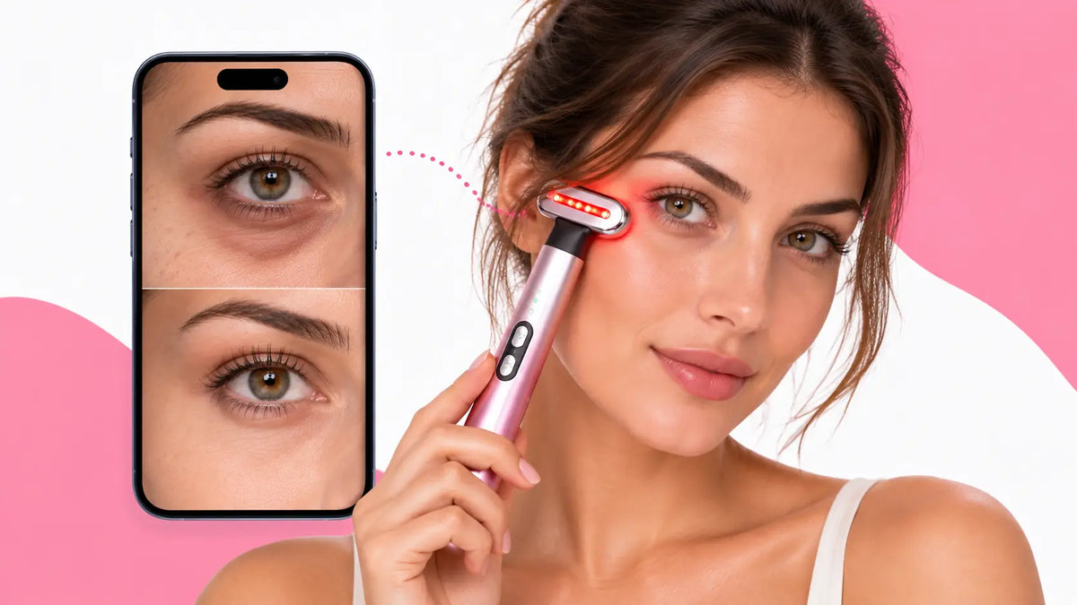 Femme appliquant l'appareil LED AYLI LUMINA sous l'oeil pour un regard reposé le matin