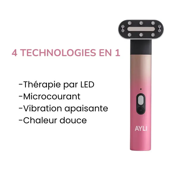 Baguette illuminatrice AYLI Skin intégrant plusieurs technologies beauty tech, appareil de soin esthétique pour le visage destiné à une utilisation à domicile.