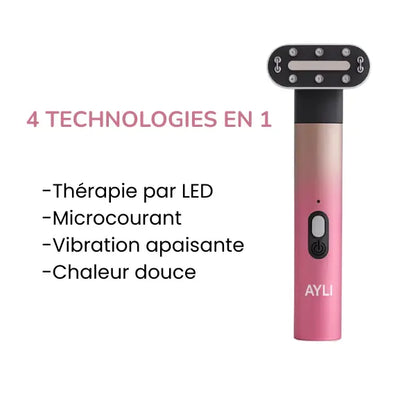 Baguette illuminatrice AYLI Skin intégrant plusieurs technologies beauty tech, appareil de soin esthétique pour le visage destiné à une utilisation à domicile.