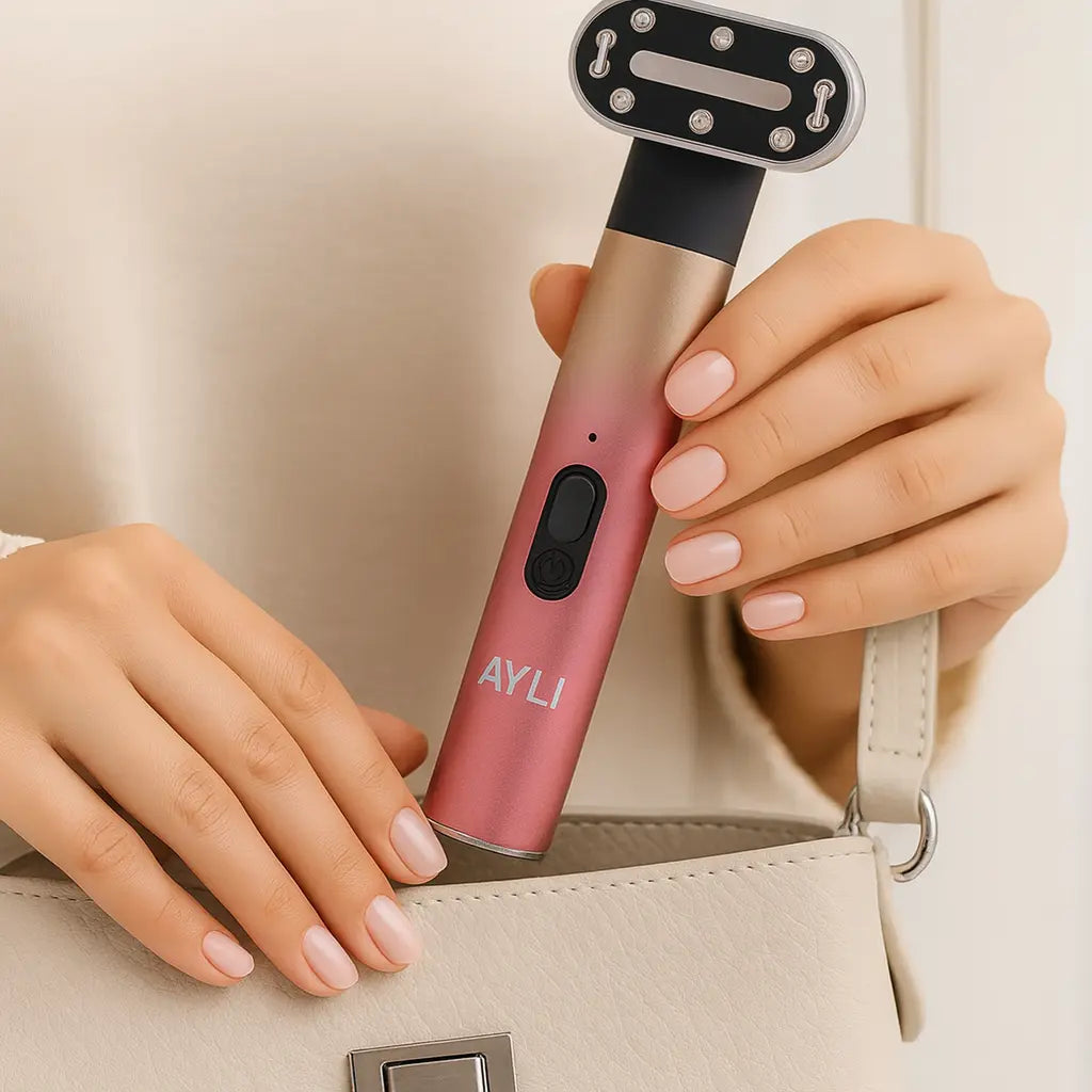 Baguette illuminatrice AYLI Skin tenue en main, appareil beauty tech compact conçu pour une routine de soin esthétique à domicile.
