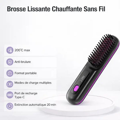 Infographie brosse lissante AYLI SKIN : température 200°C max, technologie anti-brûlure, format portable et extinction automatique de sécurité.