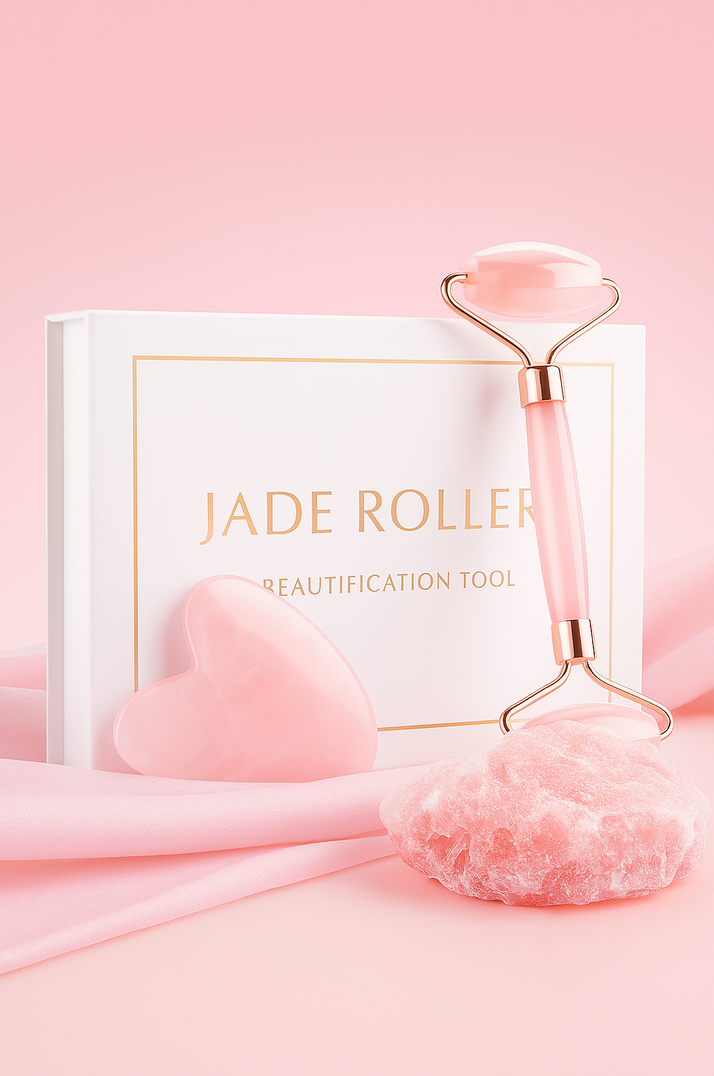 Ensemble de rouleau de massage facial en jade rose, comprenant un rouleau de jade et une pierre gua sha, sur fond neutre