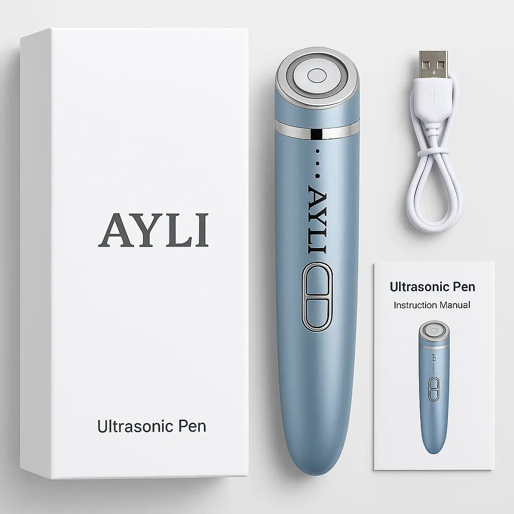 "Présentation du coffret AYLI SKIN comprenant l'appareil HIFU Lift Pro 3-en-1, son câble de chargement USB et le manuel d'utilisation."