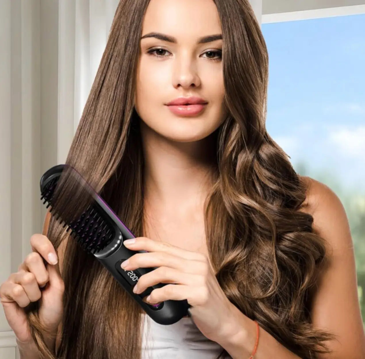 "Jeune femme utilisant la brosse chauffante AYLI SKIN sur de longs cheveux châtains pour un résultat lisse et soyeux."