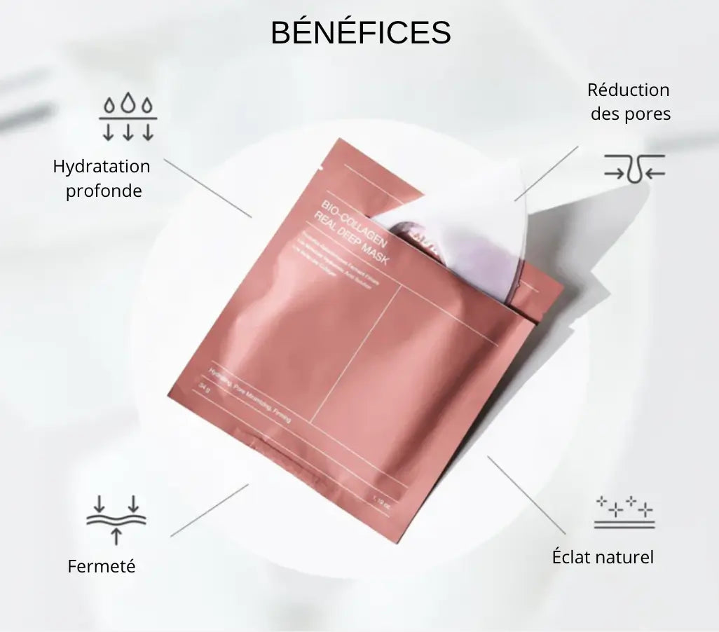 Masque au collagène pur AYLI SKIN appliqué sur le visage pour raffermir la peau, réduire les pores et apporter un éclat naturel.