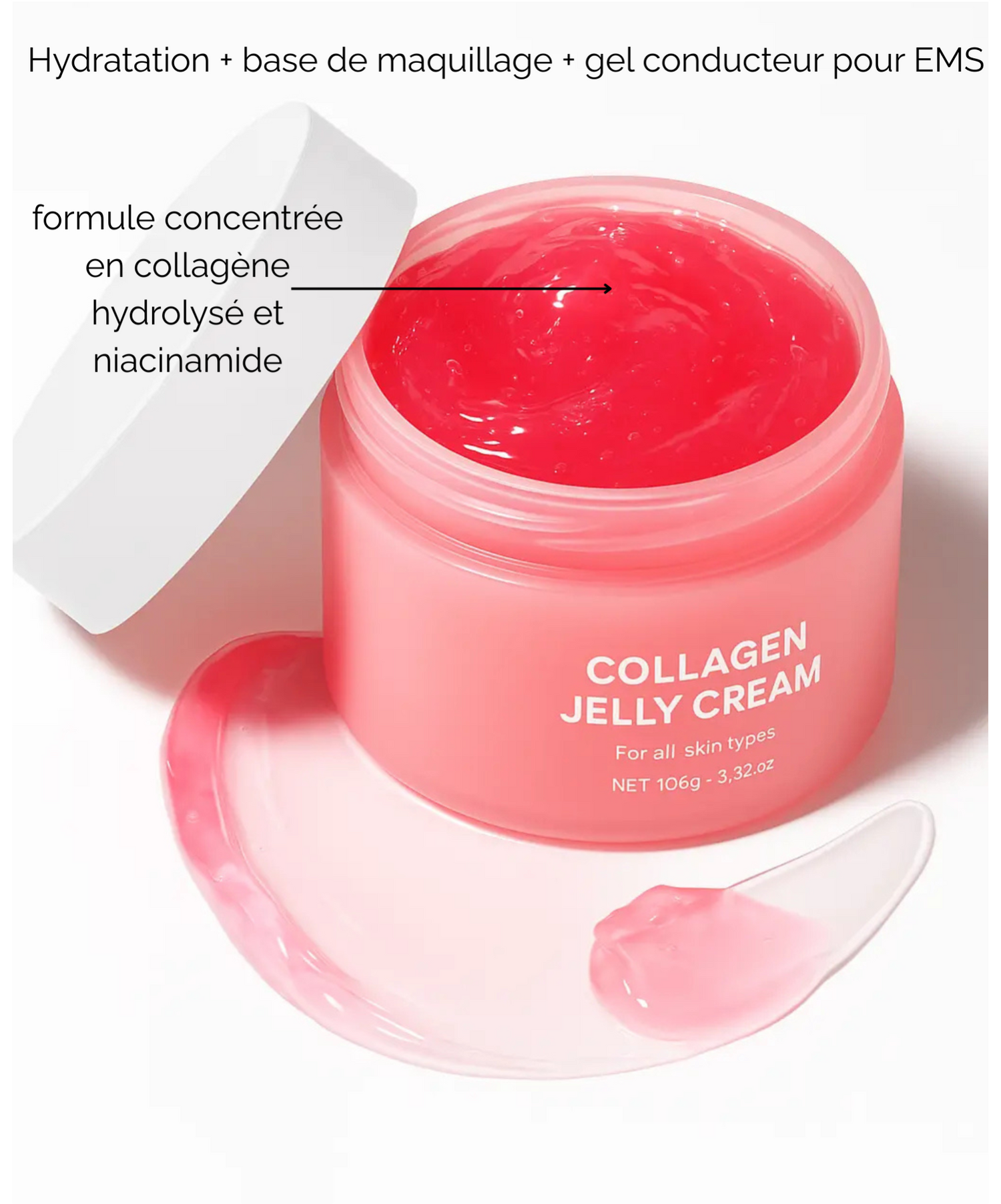 "Infographie présentant les bénéfices de la Collagen Jelly Cream : hydratation, base de maquillage et gel conducteur EMS."