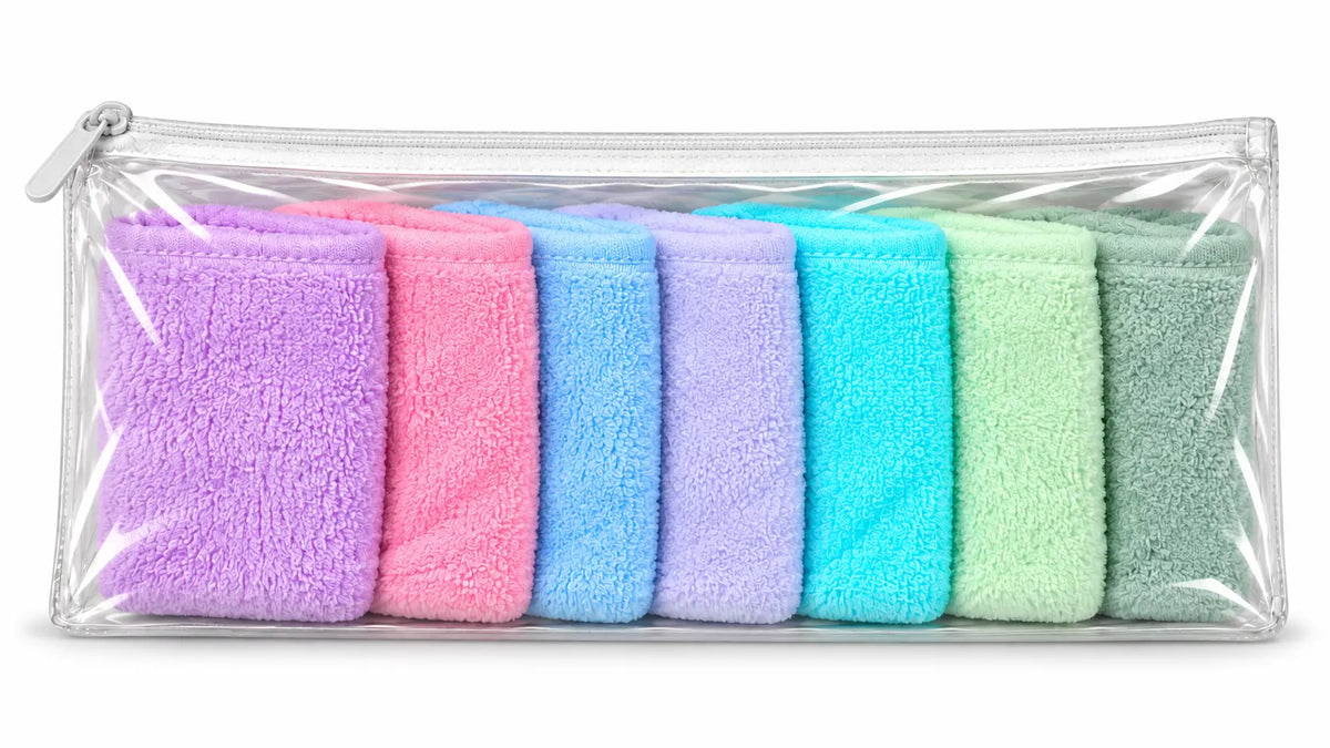 Lot de 7 lingettes démaquillantes microfibre dans leur pochette transparente