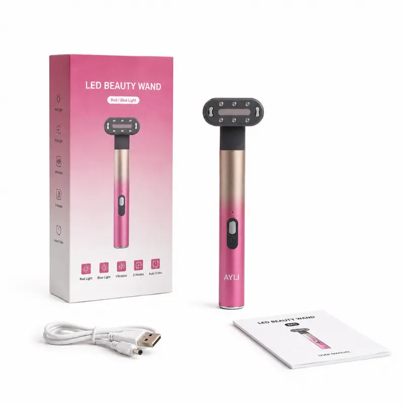 LUMINA LED Beauty Wand rose et argent avec boîte, câble USB-C et manuel d'utilisation
