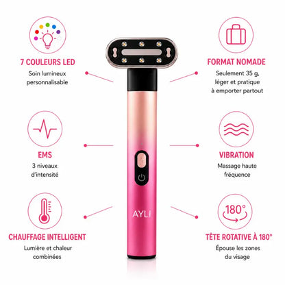 Spécifications LUMINA : LED 7 couleurs, EMS, vibration, chauffage intelligent, tête rotative 180