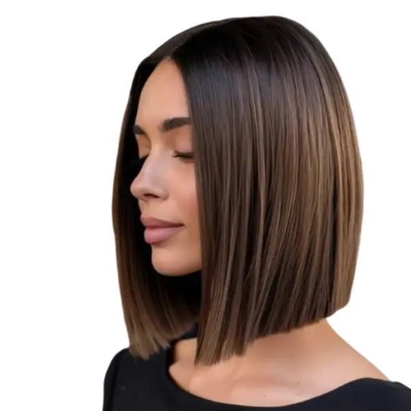 "Portrait de profil d'une femme avec un carré brun parfaitement lisse et brillant après coiffage."