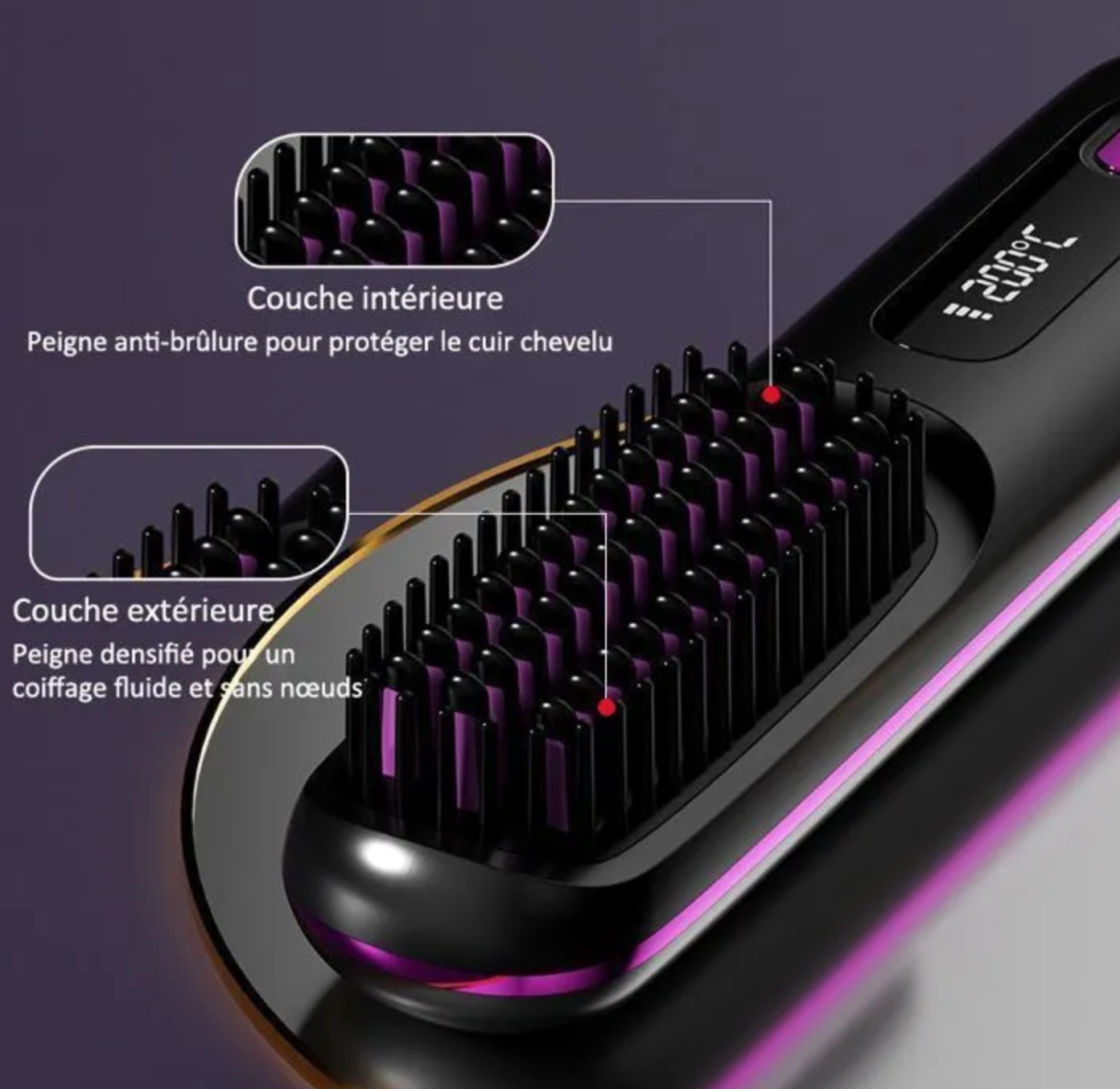 Zoom technique sur les picots anti-brûlure de la brosse lissante AYLI SKIN : protection du cuir chevelu et coiffage fluide sans nœuds.
